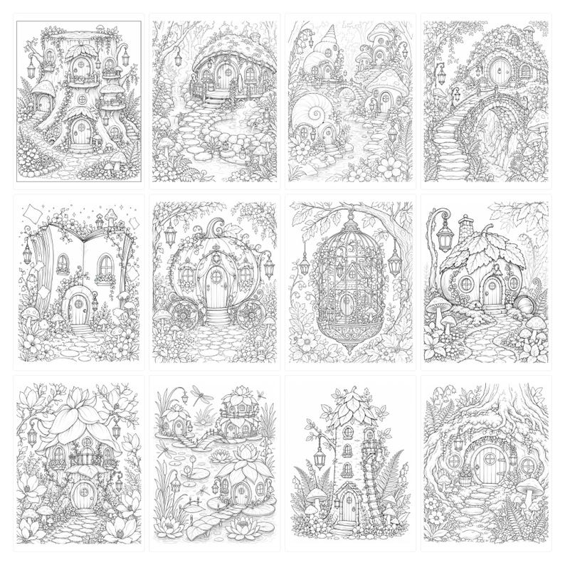 200 Enchanted Fairy Home Coloring Pages, Mushroom Cottage Designs (Light Dark) image 5