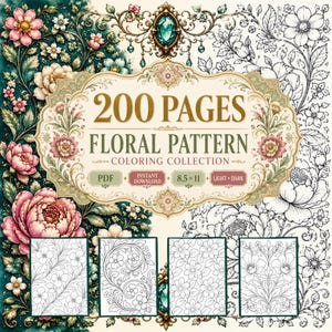 以下が含まれることがあります： 200ページのフローラルパターン塗り絵コレクション。表紙には装飾的なゴールドのフレーム、中央にティールカラーの宝石、そして「200 PAGES FLORAL PATTERN COLORING COLLECTION PDF INSTANT DOWNLOAD 8.5 x 11 LIGHT + DARK」というテキストが記載されています。