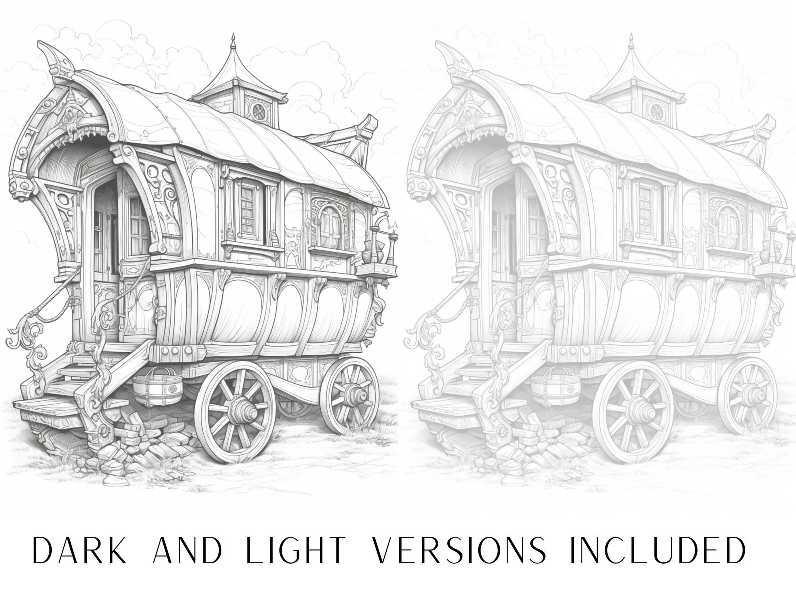50 Gypsy Caravan Coloring Pages Adult and Kids Coloring Book, Greyscale ...