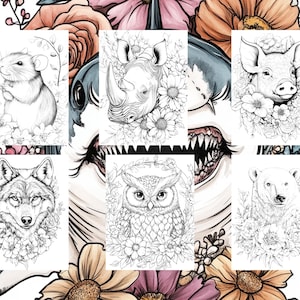 May include: A set of nine black and white line drawings of animals surrounded by floral designs. The animals include a wolf, a rhino, a pig, an owl, a mouse, a polar bear, and a shark.
