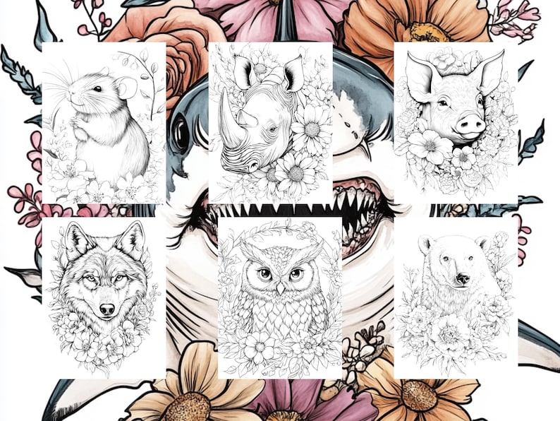 May include: A set of nine black and white line drawings of animals surrounded by floral designs. The animals include a wolf, a rhino, a pig, an owl, a mouse, a polar bear, and a shark.