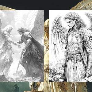 May include: Black and white line art drawing of two angels. One angel is wearing a robe and the other is wearing armor and holding a sword.