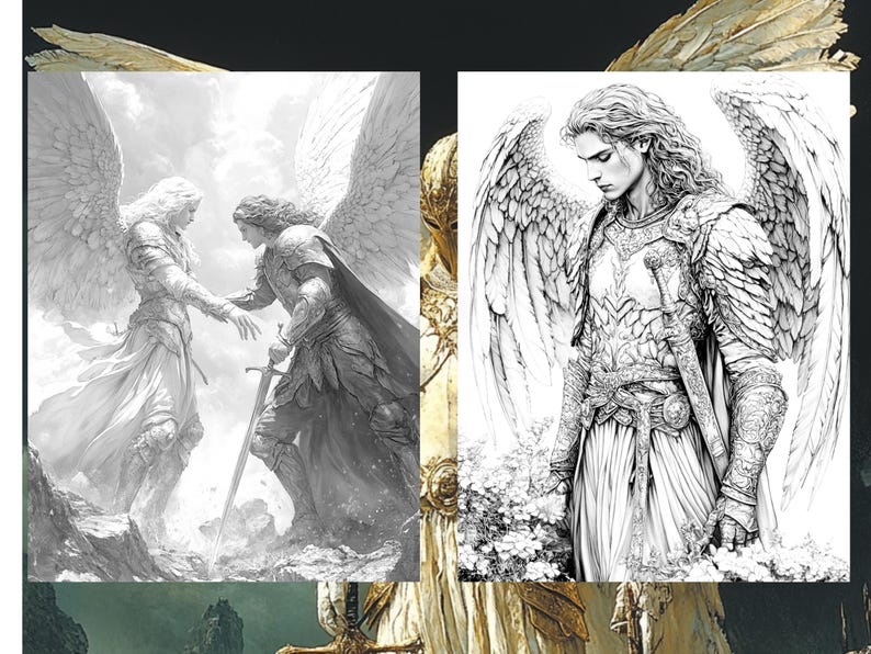 May include: Black and white line art drawing of two angels. One angel is wearing a robe and the other is wearing armor and holding a sword.
