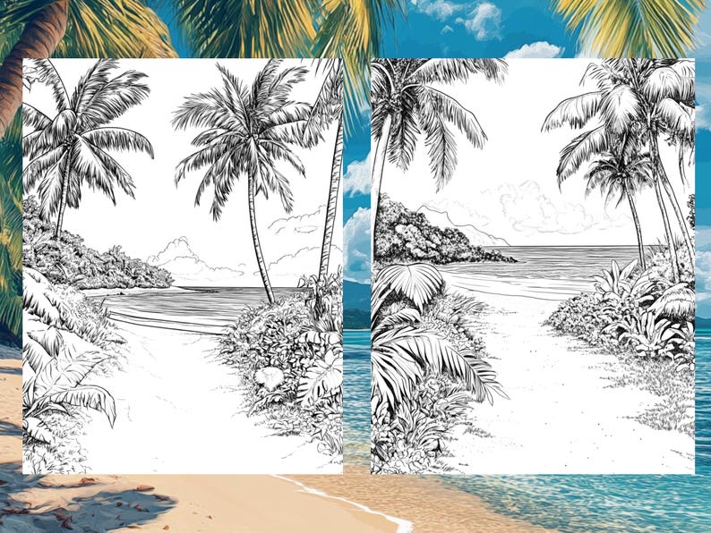 May include: A black and white line drawing of a tropical beach scene with palm trees, a sandy beach, and ocean waves. The drawing is split into two sections, with the left side showing the beach and the right side showing the ocean.