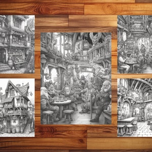 May include: Five black and white illustrations of a fantasy tavern interior and exterior. The illustrations depict a bustling tavern with patrons, a bar, and a variety of drinks and food. The tavern is decorated with a variety of medieval-style furniture and decor.