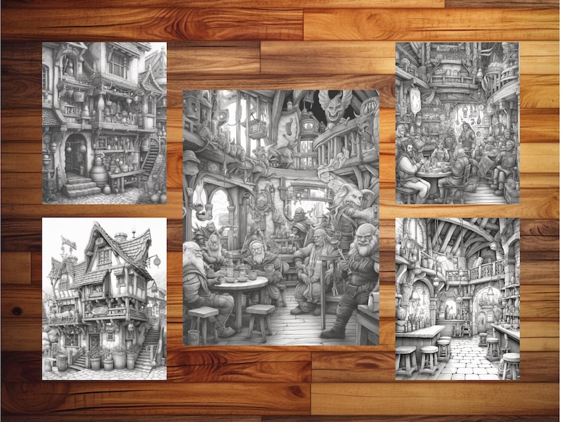 May include: Five black and white illustrations of a fantasy tavern interior and exterior. The illustrations depict a bustling tavern with patrons, a bar, and a variety of drinks and food. The tavern is decorated with a variety of medieval-style furniture and decor.
