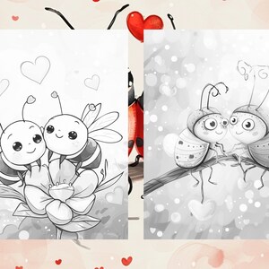 May include: Black and white illustration of two bees with hearts around them, sitting on a flower.