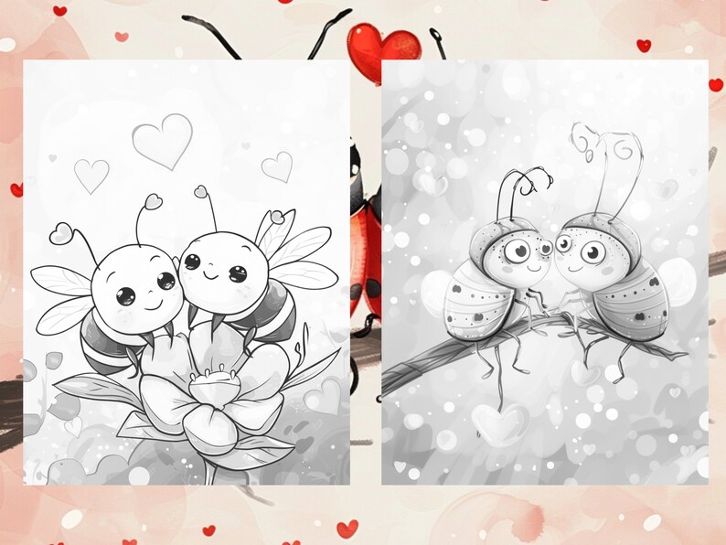 May include: Black and white illustration of two bees with hearts around them, sitting on a flower.
