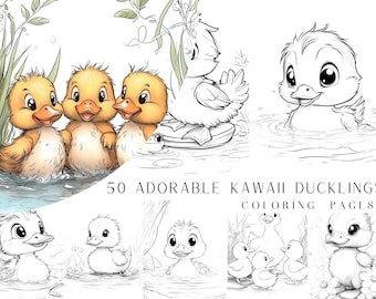 50 Adorable Kawaii Duckling Coloring Pages - Adult And Kids Coloring Book, Animal Coloring Sheets, Instant Download, Printable PDF File, AI