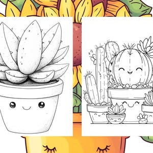 May include: Two black and white coloring pages featuring cute potted succulents. The first page shows a single succulent with large, spiky leaves. The second page shows a group of cacti and succulents in pots with smiling faces.