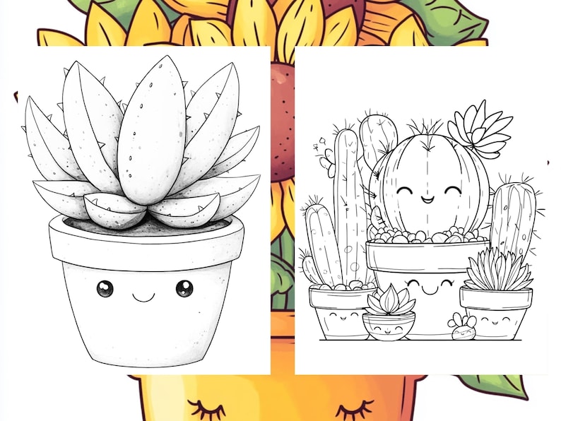 May include: Two black and white coloring pages featuring cute potted succulents. The first page shows a single succulent with large, spiky leaves. The second page shows a group of cacti and succulents in pots with smiling faces.