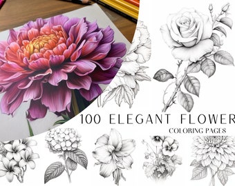 100 Elegant Flower Coloring Pages - Adults And Kids Coloring Book, Greyscale, Digital Coloring Sheets, Instant Download, Printable PDF File.