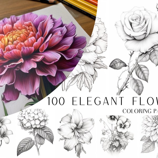 100 pages de coloriage de fleurs élégantes - livre de coloriage pour adultes et enfants, niveaux de gris, feuilles de coloriage numériques, téléchargement immédiat, fichier PDF imprimable.