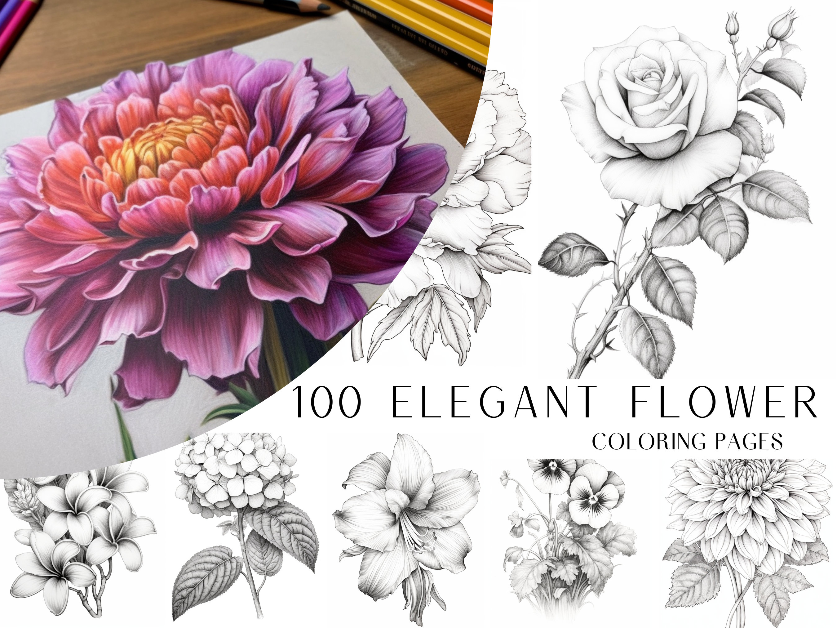 100 páginas de colorear de flores elegantes para adultos y niños – Libro imprimible en escala de grises, descarga instantánea PDF