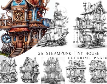 25 Steampunk Tiny House Coloring Pages - Kids And Adult Coloring Book, Grayscale Coloring Page, Instant Download, Printable PDF File