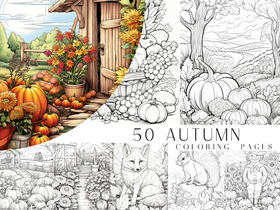 50 Autumn Coloring Pages - Kids And Adult Coloring Book, Grayscale Coloring Page, Instant Download, Printable PDF File
