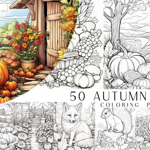 50 Autumn Coloring Pages - Kids And Adult Coloring Book, Grayscale Coloring Page, Instant Download, Printable PDF File