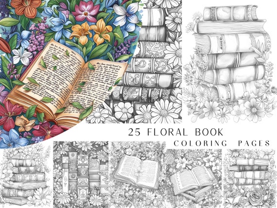 25 Floral Book Coloring Pages - Adults Coloring Book, Greyscale, Digital Coloring Sheets, Instant Download, Printable PDF File.