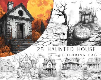 25 Haunted House Coloring Pages - Adult Coloring Book, Grayscale Coloring Page, Instant Download, Printable PDF File