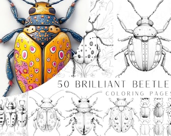 50 Brilliant Beetle Malseiten - Malbuch für Erwachsene und Kinder, digitale Malvorlagen, sofortiger Download, druckbare PDF-Datei.
