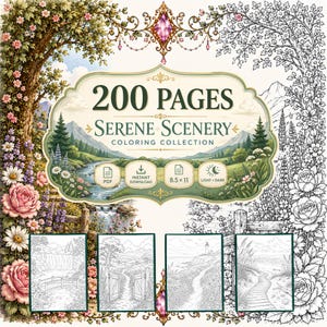 200 Ausmalbilder mit idyllischen Landschaften, Natur, Bergen, Wäldern, Stränden (Hell + Dunkel, PDF)