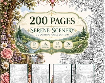 200 Serene Scenery Coloring Pages, Landscapes, Nature, Mountains, Forests, Beaches (Light + Dark PDF)