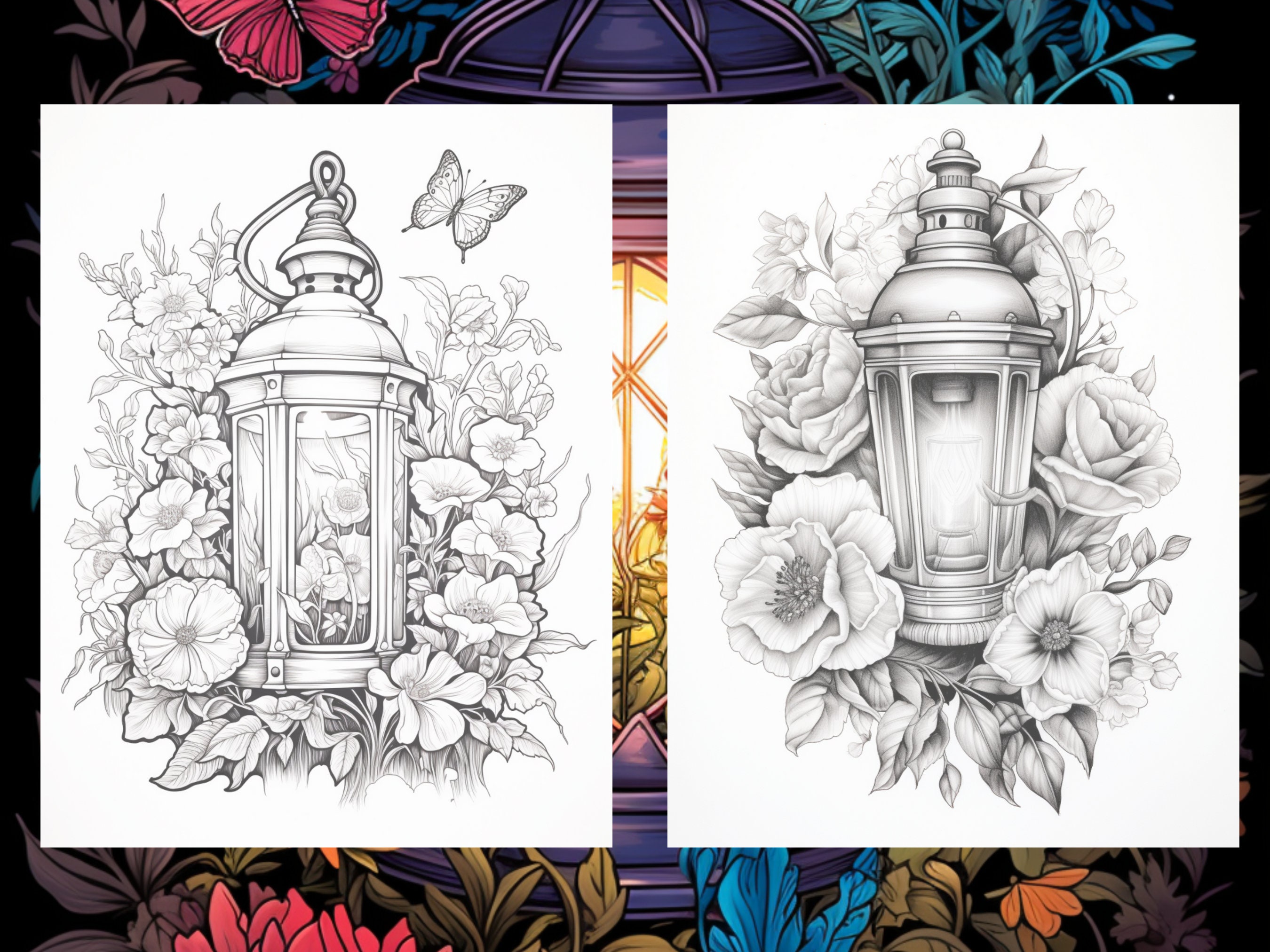 50 Floral Cottage Lantern Coloring Pages - Adults Coloring Book ...