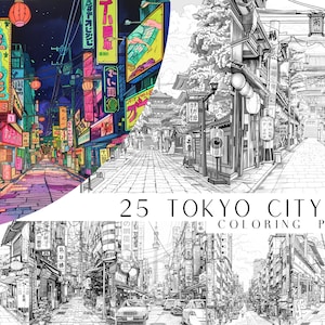 Könnte beinhalten: Eine Schwarzweißillustration einer Straßenszene in Tokio, Japan. Die Straße ist gesäumt von Gebäuden und Geschäften, und es sind Menschen unterwegs. Die Illustration ist im Cartoon-Stil gehalten und perfekt zum Ausmalen.