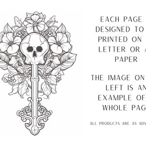 Puede incluir: Un dibujo en blanco y negro de un cr&aacute;neo con flores y enredaderas que lo rodean. El cr&aacute;neo est&aacute; encima de una llave con un mango adornado. El texto "EACH PAGE IS DESIGNED TO BE PRINTED ON US LETTER OR A4 PAPER THE IMAGE ON THE LEFT IS AN EXAMPLE OF A WHOLE PAGE ALL PRODUCTS ARE AS ADVERTISED." est&aacute; debajo de la imagen.
