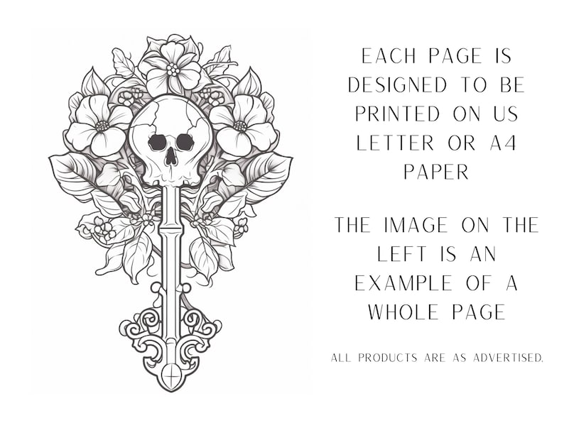 Puede incluir: Un dibujo en blanco y negro de un cr&aacute;neo con flores y enredaderas que lo rodean. El cr&aacute;neo est&aacute; encima de una llave con un mango adornado. El texto "EACH PAGE IS DESIGNED TO BE PRINTED ON US LETTER OR A4 PAPER THE IMAGE ON THE LEFT IS AN EXAMPLE OF A WHOLE PAGE ALL PRODUCTS ARE AS ADVERTISED." est&aacute; debajo de la imagen.
