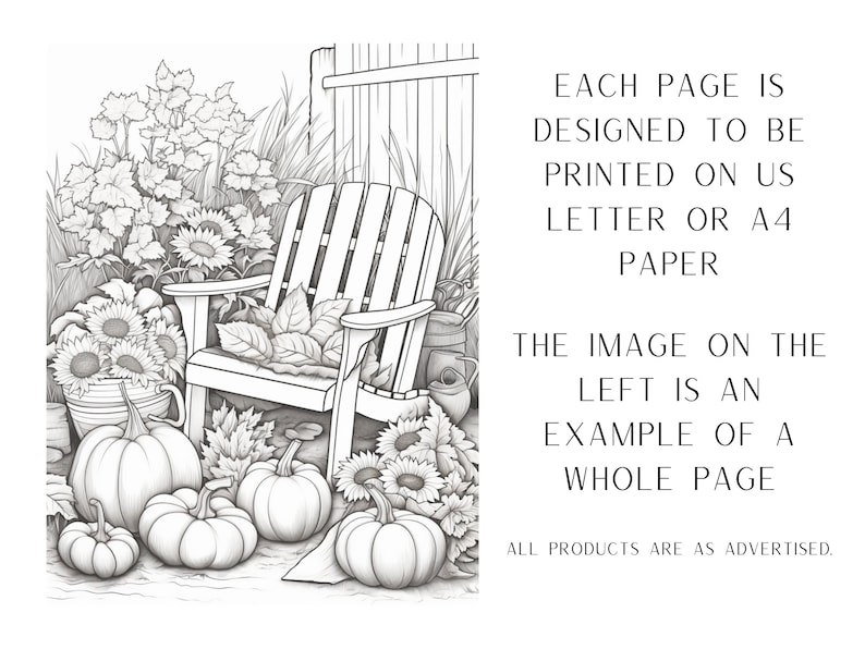 May include: A black and white line drawing of a fall scene with a wooden chair, pumpkins, sunflowers, and a fence. The text "EACH PAGE IS DESIGNED TO BE PRINTED ON US LETTER OR A4 PAPER THE IMAGE ON THE LEFT IS AN EXAMPLE OF A WHOLE PAGE ALL PRODUCTS ARE AS ADVERTISED." is included in the image.