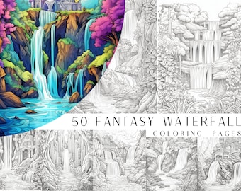 50 Fantasy Waterfall Coloring Pages - Adult And Kids Coloring Book, Fantasy Coloring Sheets, Instant Download, Printable PDF File.