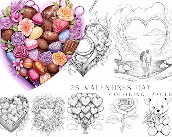 25 Valentines Day Coloring Pages - Adults Coloring Book, Greyscale, Digital Coloring Sheets, Instant Download, Printable PDF File.