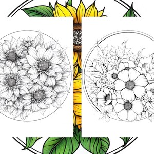 以下が含まれることがあります： 円形のフレームに入った白黒の花のイラスト。1つは詳細な花、もう1つはさまざまな花と葉が描かれています。背景にはヒマワリが見えます。