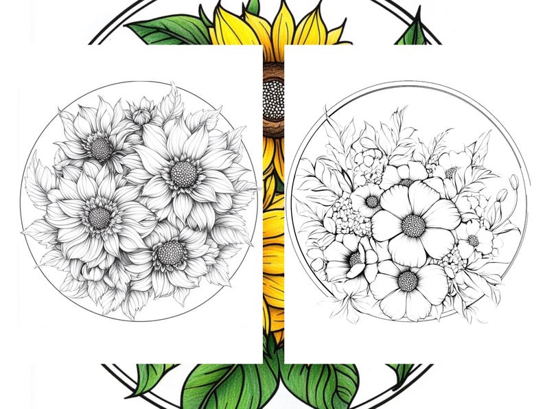 以下が含まれることがあります： 円形のフレームに入った白黒の花のイラスト。1つは詳細な花、もう1つはさまざまな花と葉が描かれています。背景にはヒマワリが見えます。