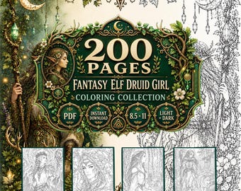 200 Fantasy Elf Druid Girl Coloring Pages, Enchanted Forest Woodland Animals (PDF Download)