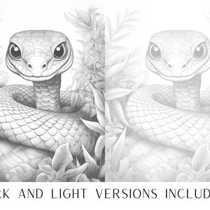 Puede incluir: Una ilustraci&oacute;n en blanco y negro de una serpiente con ojos grandes, enroscada en un entorno de jungla frondosa. La serpiente est&aacute; mirando directamente al espectador. El texto "DARK AND LIGHT VERSIONS INCLUDED" est&aacute; en la parte inferior de la imagen.