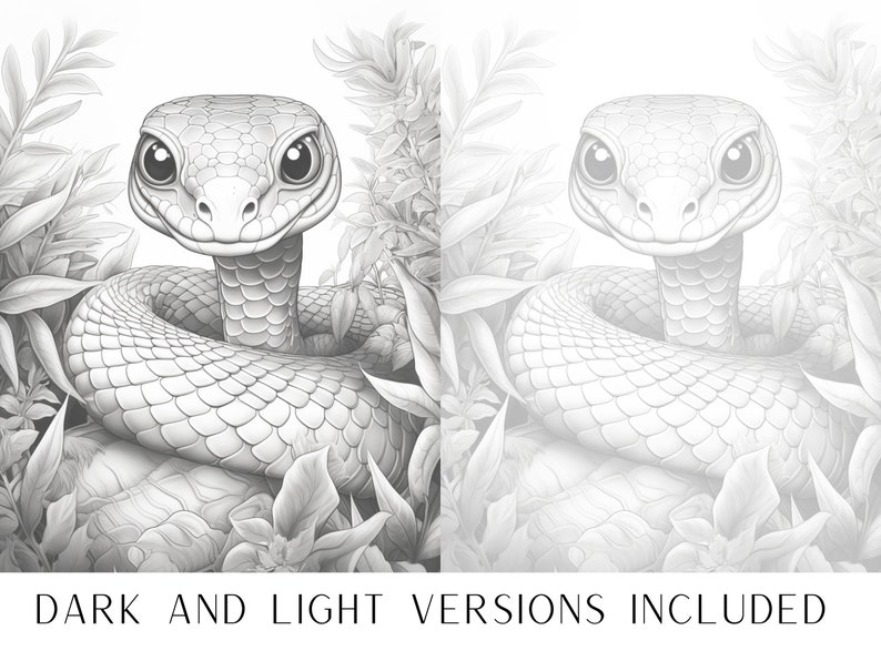 Puede incluir: Una ilustraci&oacute;n en blanco y negro de una serpiente con ojos grandes, enroscada en un entorno de jungla frondosa. La serpiente est&aacute; mirando directamente al espectador. El texto "DARK AND LIGHT VERSIONS INCLUDED" est&aacute; en la parte inferior de la imagen.