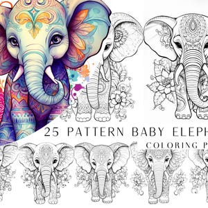 25 kleurplaten babyolifant met patroon - kleurboek voor volwassenen en kinderen, digitale kleurplaten, direct downloaden, afdrukbaar pdf-bestand.