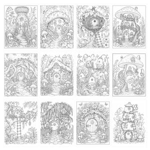 May include: A collection of twelve black and white line art illustrations featuring intricate fairy tale dwellings. Each rectangular page displays detailed fantasy houses built into mushrooms, trees, and floral structures surrounded by lush forest foliage.