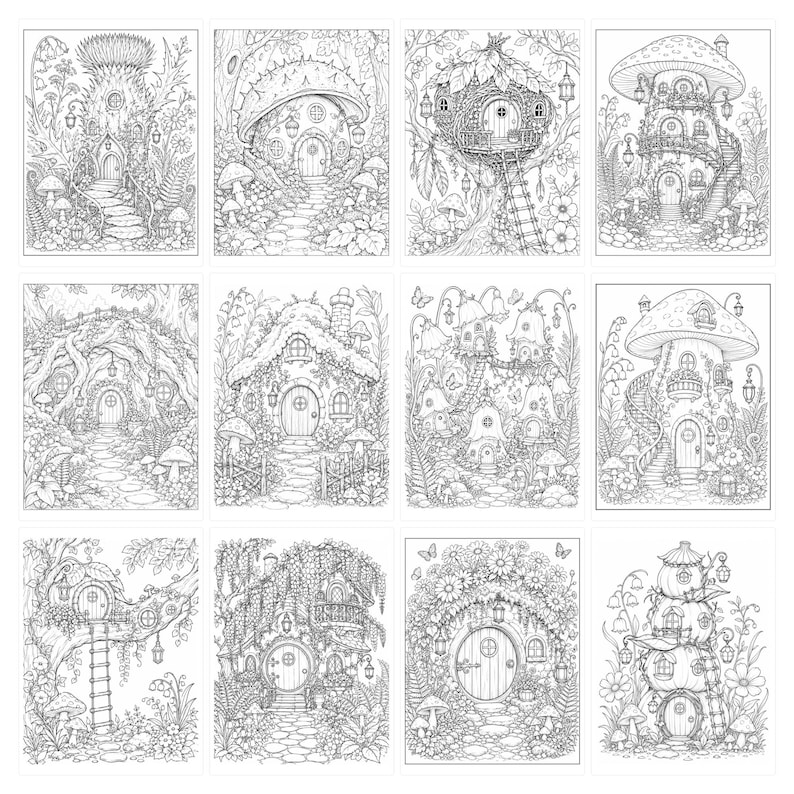 May include: A collection of twelve black and white line art illustrations featuring intricate fairy tale dwellings. Each rectangular page displays detailed fantasy houses built into mushrooms, trees, and floral structures surrounded by lush forest foliage.
