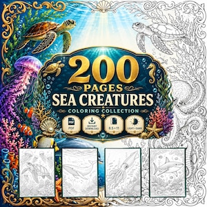 May include: A digital coloring collection featuring 200 pages of sea creatures, with a central title graphic, icons for PDF, instant download, 8.5 x 11 inches, and light and dark modes, surrounded by colorful and line-art illustrations of marine life.