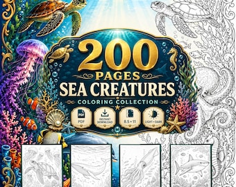 200 páginas para colorear de criaturas marinas, animales del océano en formato PDF imprimible (colores claros y oscuros)