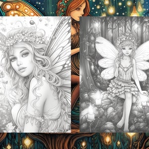 May include: Two black and white illustrations of fairies with wings. The first fairy is wearing a flower crown and has long flowing hair. The second fairy is wearing a ruffled dress and has her wings spread out.