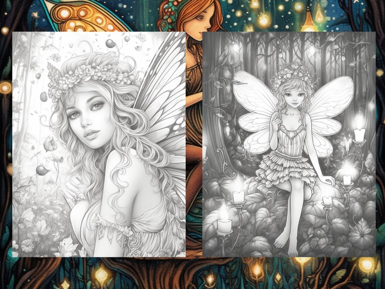 May include: Two black and white illustrations of fairies with wings. The first fairy is wearing a flower crown and has long flowing hair. The second fairy is wearing a ruffled dress and has her wings spread out.