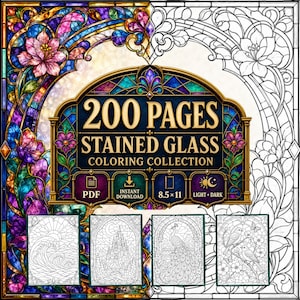 May include: A digital coloring collection featuring 200 pages of stained glass designs. The cover displays colorful floral patterns, a central title, and four sample black and white line art illustrations of waves, a castle, a peacock, and birds.