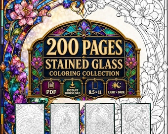 200 Stained Glass Coloring Pages, Fantasy Window Designs, Light Dark Versions (PDF Download)