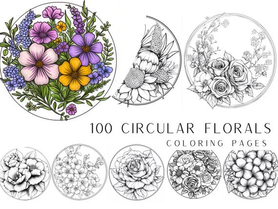 100 Circular Florals Coloring Pages - Digital Coloring, Instant Download Printable PDF File, Coloring Book, Floral Mindfulness Colouring
