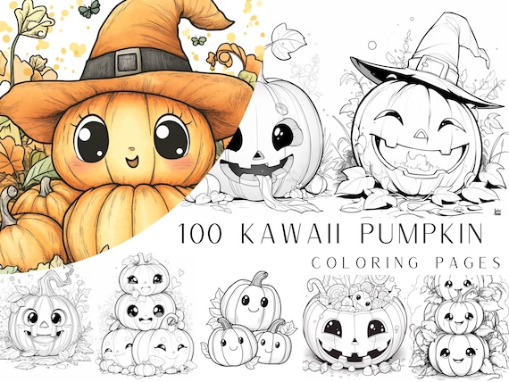 100 Kawaii Pumpkin Coloring Pages - Instant PDF Digital Download, Printable Adult Coloring Sheets, Manga Shoujo, Light and Dark Versions