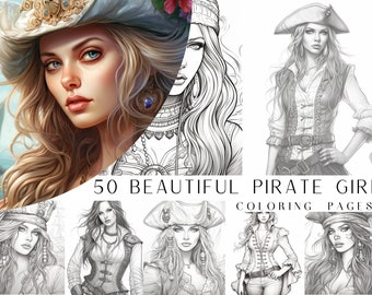 50 Beautiful Pirate Girl Coloring Pages - Adult Coloring Pages, Grayscale Coloring Page, Instant Download, Printable PDF File